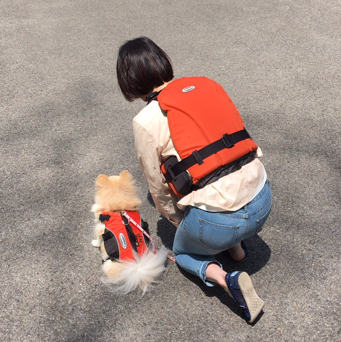 ライフジャケットを装着した人と犬