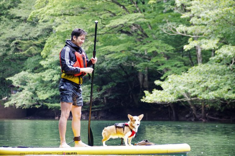 SUPをする男性とコーギー